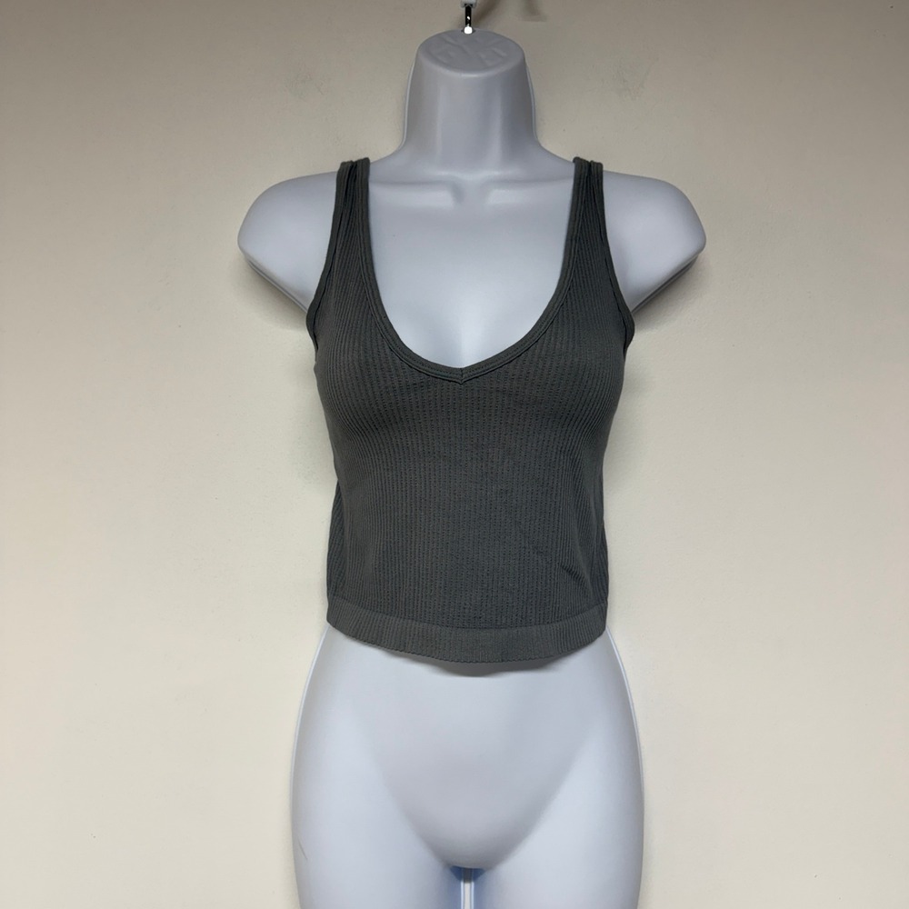 Free People Intimately Womens Small Gray Ribbed V-Neck Cropped Tank Top Seamless